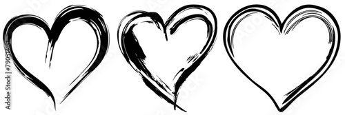 Set of Three Brush Stroke Hearts,  Solid Shape Black and White Design on White Background
