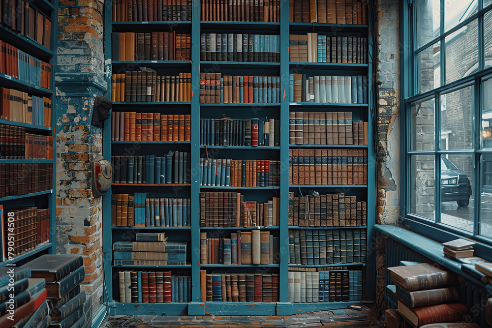 Bookshelves in the library. Large bookcase with many books. Library or store with bookcases. Cozy book background. Bookshelves in the library. Large bookcase with many books. Library or store with bookcases. Cozy book background.