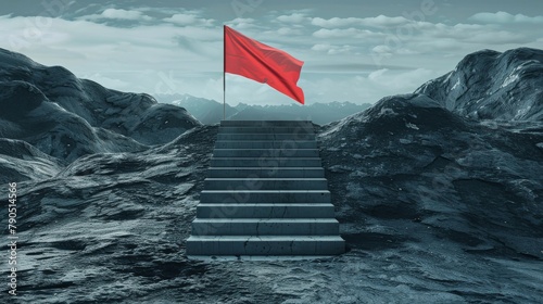 A red flag on top of a mountain peak. photo