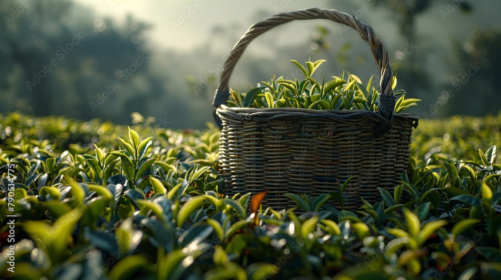 Tea, tea fields, a bamboo basket filled with tea, photography Tea, tea fields, a bamboo basket filled with tea, photography