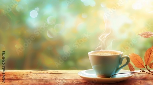 A steaming cup of coffee on a wooden table with a blurred background of autumn leaves.