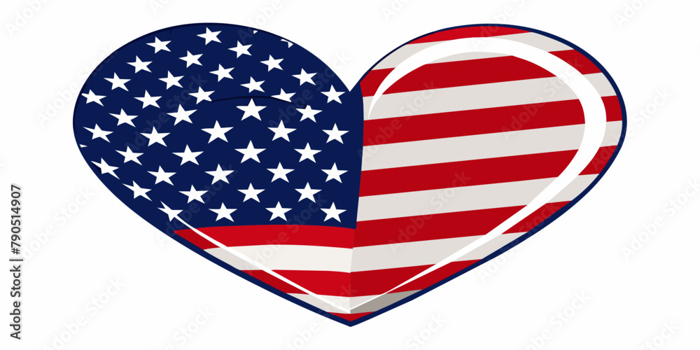 Heart with stars and stripes as American flag, July 4th theme on white background 
