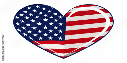 Heart with stars and stripes as American flag, July 4th theme on white background 