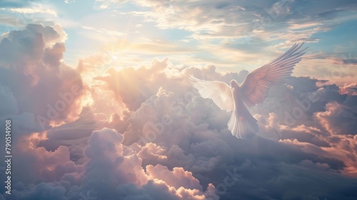 A white dove flies towards the sun in a cloudy sky