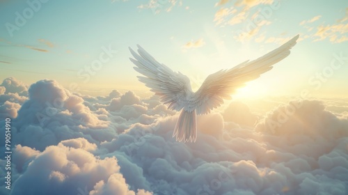 A white dove flies toward the sun in a cloudy sky