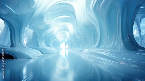 Futuristic corridor with glowing lights and reflections, wallpaper with empty space. Abstract Ice Cave Corridor