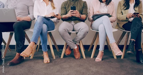 Legs, business people and waiting room for interview, recruitment and career opportunity. Group, professional and hiring line for job search in human resources, hr or meeting for employment in office