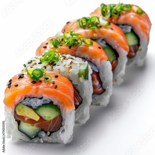 Fresh sushi rolls with salmon, avocado, and cucumber