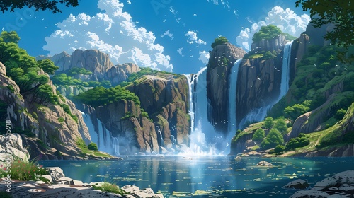 Captivating illustration of a majestic waterfall descending from a towering cliff in Japanese anime concept, amidst drifting clouds and clear blue skies photo