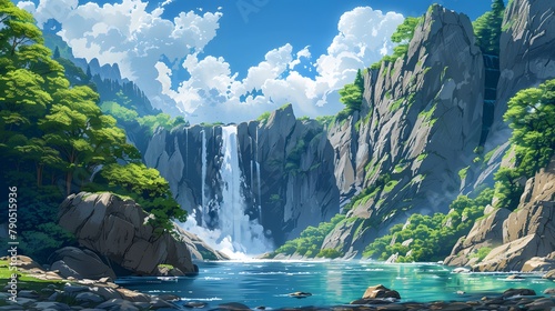 Mesmerizing portrayal of a cascading waterfall atop a lofty cliff in Japanese anime style, harmonized with billowing clouds and azure skies