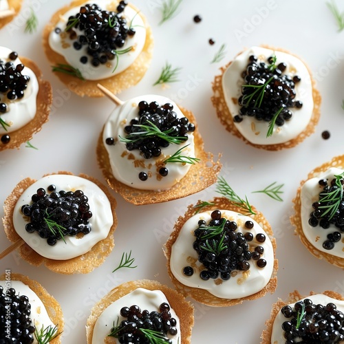 Opulent caviar and blini canap?s with cr?me fra?che