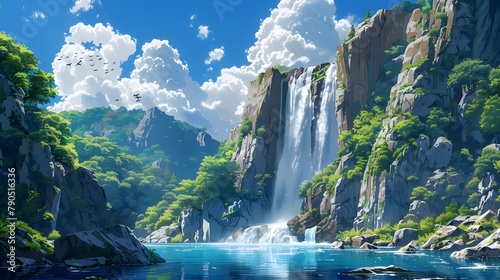 Stunning portrayal of a cascading waterfall descending from a towering cliff in Japanese anime artistry, amidst billowing clouds and vibrant blue skies