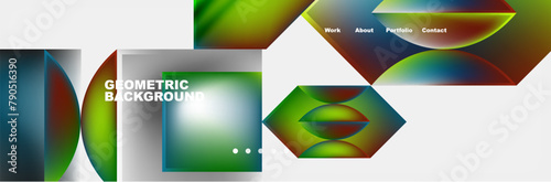 A vibrant display of colorful geometric shapes including rectangles, triangles, circles, and patterns on a white background, resembling a work of art inspired by grass and terrestrial plants