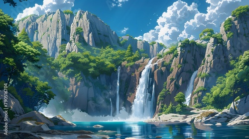 Mesmerizing illustration of a cascading waterfall descending from a towering cliff in Japanese anime concept, amidst drifting clouds and vibrant blue skies photo