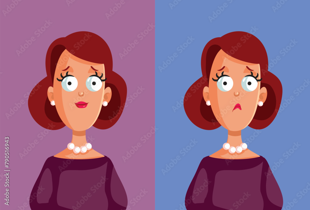 Happy and Sad Expressions of a Vector Female Character. Lady of middle age changing her mood due to different situations
Happy and Sad Expressions of a Vector Female Character. Lady of middle age changing her mood due to different situations