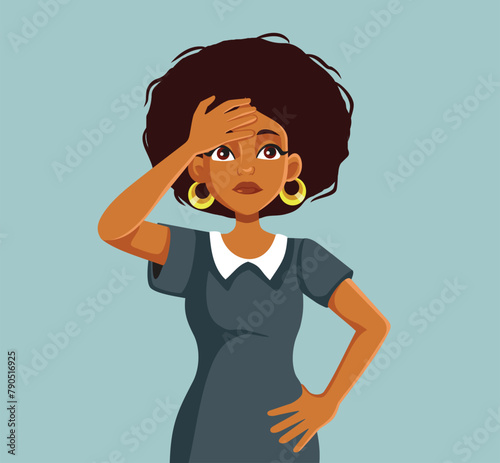 Confused Worried Girl Feeling Doubtful Vector Illustration. Stressed out girl feeling preoccupied and concerned 

