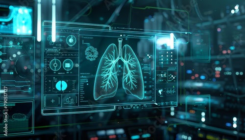 Lung testing results on digital interface on laboratory or surgical background, innovative technology in science and medicine concept. medical technology