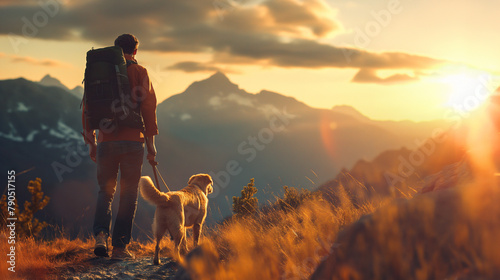Rear view of a young man with a backpack & a dog in a mountain background view. Hiking dog and man outdoor activities, travel with pet, campaign, nature concept. © Lahiru