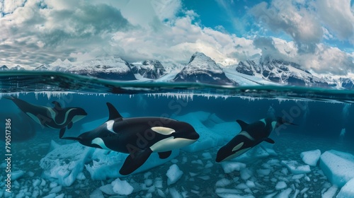 Orcas Pod Glide in Icy Waters with Snow-Capped Mountains Aerial Shot.