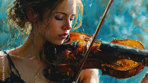 A Beatiful Women Musician Playing with Exquisite Care Violin Oil Painting Contemporary Art on Blue Background