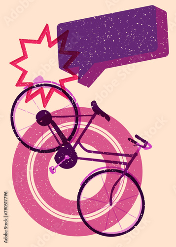 Risograph bicycle with speech bubble with geometric shapes. Objects in trendy riso graph print texture style design with geometry elements.