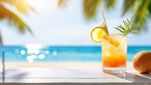 Cocktail on a tropical beach with palm trees and sea.