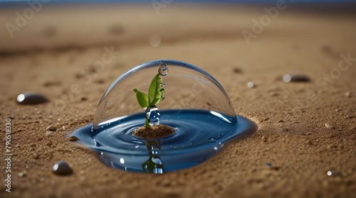 Photo real for Oasis Vision A water drop envisioning an oasis desert life conservation. in close-up water drop theme ,Full depth of field, clean bright tone, high quality.generative.ai 