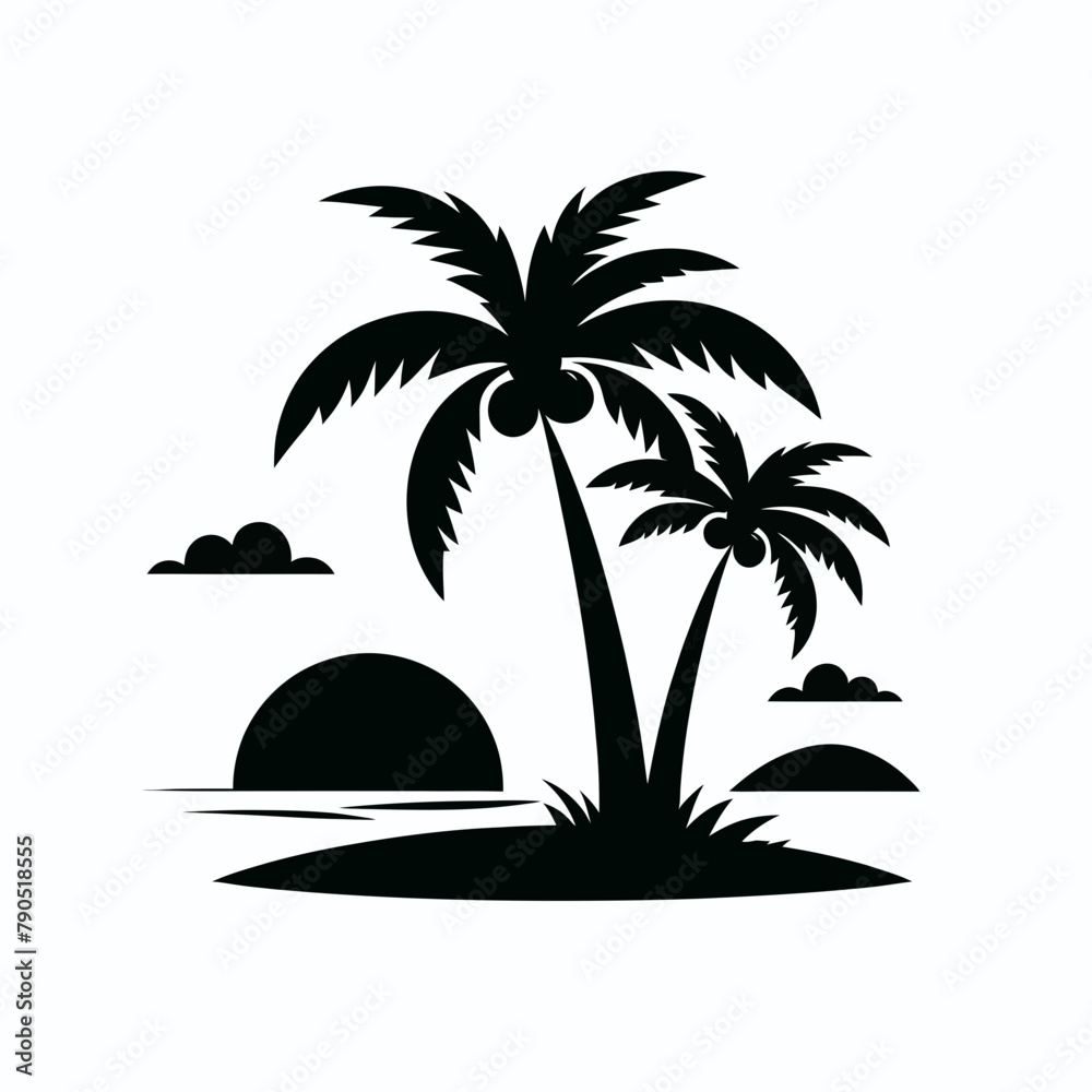 Tree palm beach silhouette vector illustration 