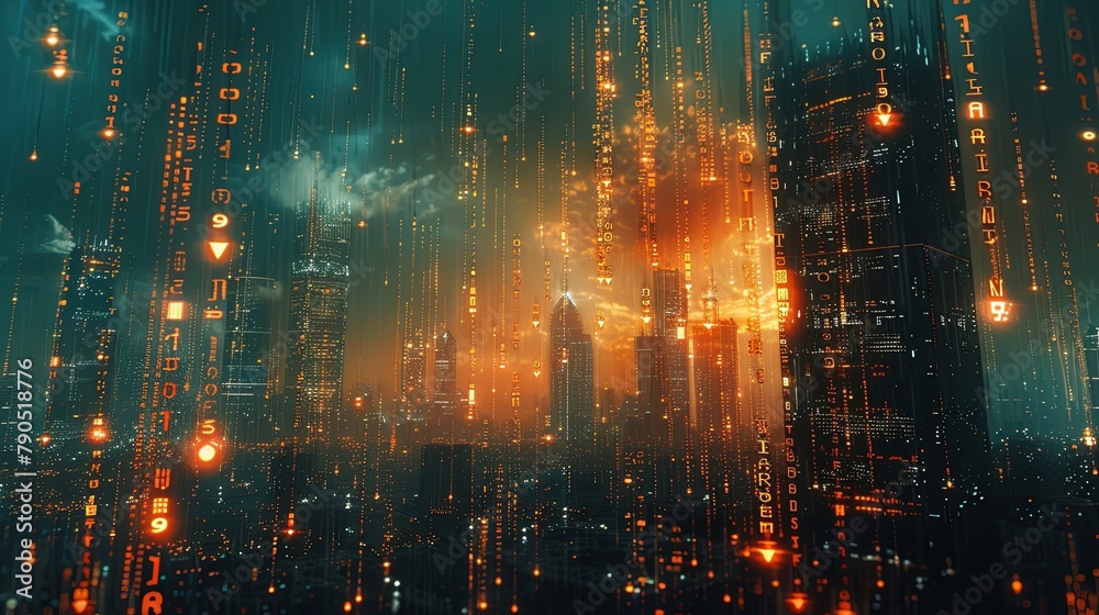 An abstract digital cityscape with glowing data streams resembling rain, depicting a cybernetic urban environment at dusk.