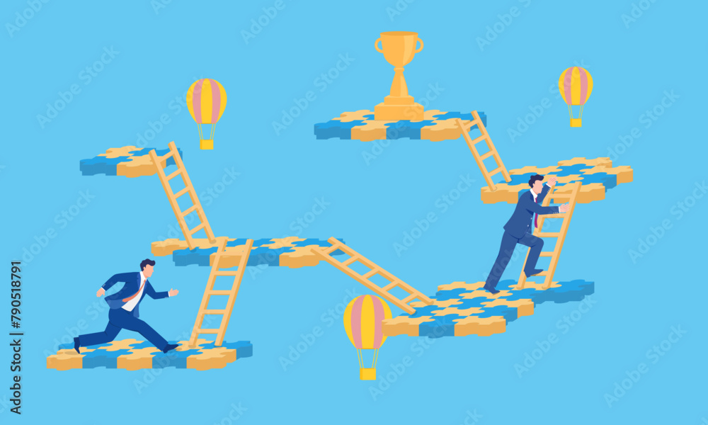 Vector business illustration of man climbing up to compete for championship trophy