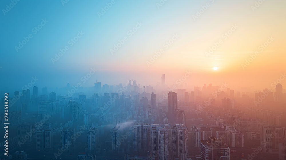 The sun rises, casting a soft glow over a city skyline enveloped in a hazy mist, creating a serene urban landscape.