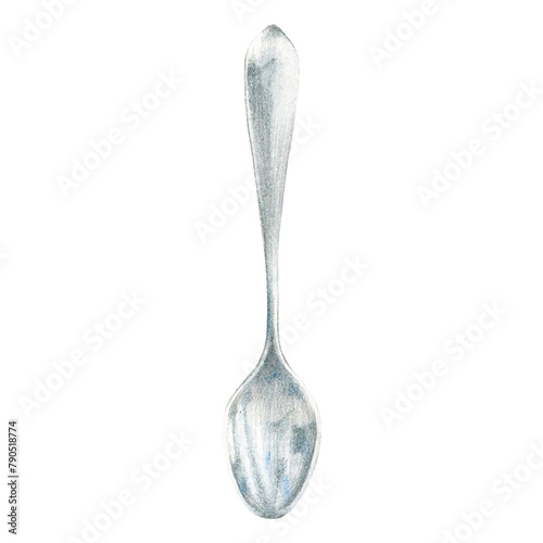 Watercolor tea spoon illustrations. Kitchen utensils coffee silver spoon. High quality hand drawn illustrations. Silver vintage serving spoon isolated on transparent background.