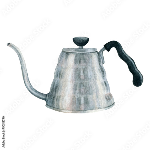 A pour-over coffee kettle or a gooseneck kettle for making alternative coffee drink. - Watercolor illustration. Pouring coffee pitcher  on transparent background.  photo