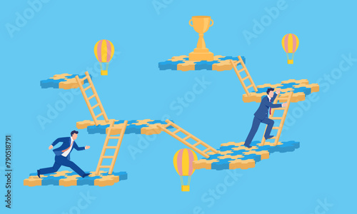 Vector business illustration of man climbing up to compete for championship trophy