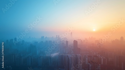 The sun rises, casting a soft glow over a city skyline enveloped in a hazy mist, creating a serene urban landscape.