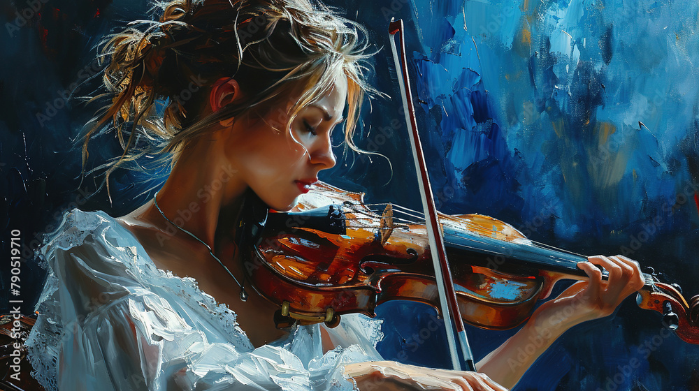 A Beatiful Women Musician Playing with Exquisite Care Violin Oil Painting Contemporary Art on Blue Background