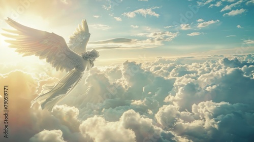 An angel flying in the sky with clouds and sun rays photo