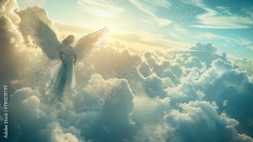 An angel with white wings is flying in the sky.