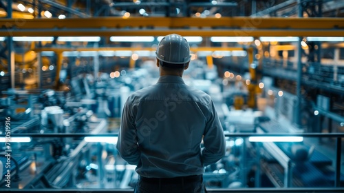 An engineer looking out over a factory floor.