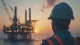 An oil worker looking out at an oil rig in the ocean at sunset.