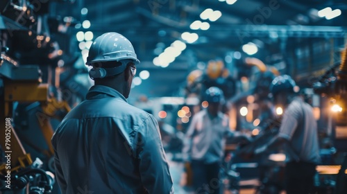 An industrial worker wearing a hard hat stands in a factory and looks at the production line. photo