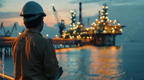 An oil worker looks out at an oil rig in the ocean.