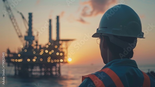 An oil worker looking out at an oil rig in the ocean at sunset. photo