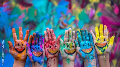 Colorful painted hands with smiley faces