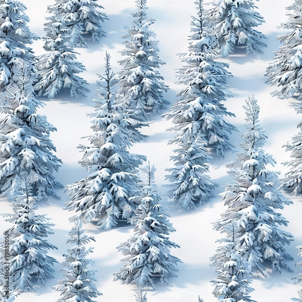 Fototapeta premium 3D pine trees dusted with snow, standing tall in a seamless winter pattern. Seamless Pattern, Fabric Pattern, Tumbler Wrap, Mug Wrap.