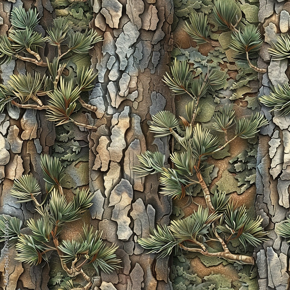 Obraz premium Seamless pattern of 3D pine trees with detailed bark and lush needles. Seamless Pattern, Fabric Pattern, Tumbler Wrap, Mug Wrap.