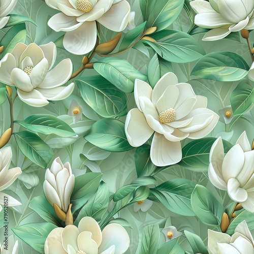 Bright 3D magnolias in full bloom  set against a backdrop of soft green leaves. Seamless Pattern  Fabric Pattern  Tumbler Wrap  Mug Wrap.