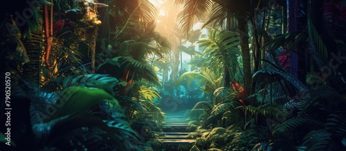 Tropical dark trend jungle in neon illuminated lighting. Exotic palms and plants in retro style. © WaniArt
