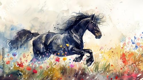 A wild black stallion with a flowing mane  rearing up in a field of wildflowers in watercolors  representing freedom and untamed spirit