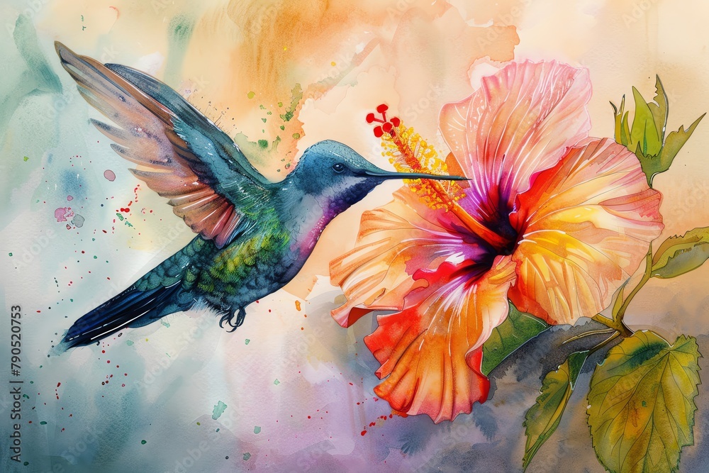 A colorful hummingbird hovering in front of a vibrant hibiscus flower in watercolors, sipping nectar with its long beak, symbolizing freedom and the fleeting beauty of life